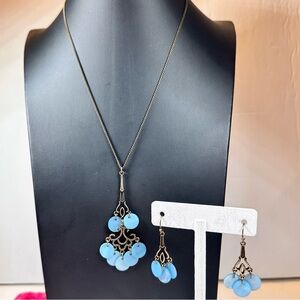 NRT signed bronze color necklace & pierced earring set with sky blue dangles